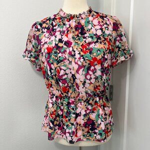 J. Crew Small Pink, Blue Floral Ruffle Neck Short Sleeve Blouse Top